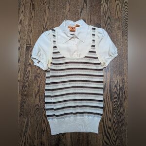 Tory Burch Cream and Brown Sweater Vest With Attached Shirt Top size Small